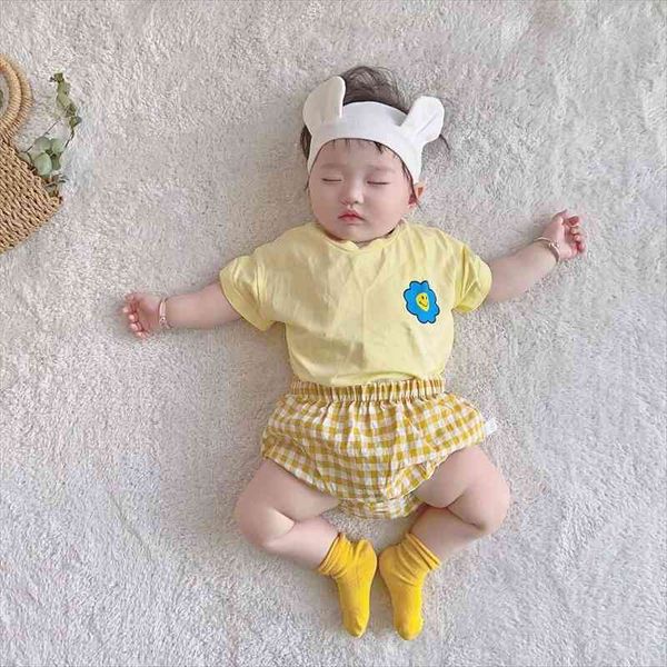 

0-4years newborn baby boy girl summer clothes short sleeve pullover t-shirt plaid shorts bottom 2pcs clothing set, White