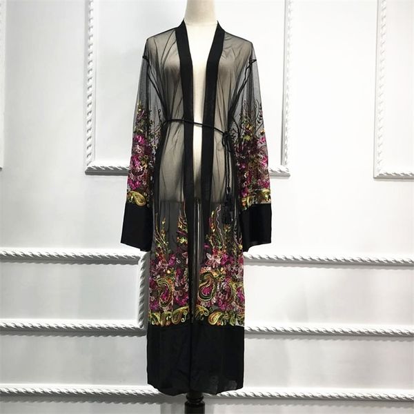 Artı Boyutu Uzun Gömlek Kadın Kimono Mujer Çiçek Nakış Şifon Örgü Bluz Hırka Giyim Ropa Vetement Robe Chemise Femme 210323