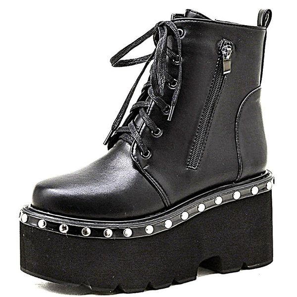 

boots brand chic rivets black gothic style skidproof thick platform chunky heels cool motorcycles booties shoes women