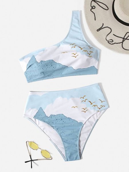 

plus allover print high waisted bikini swimsuit v7xx#, Black