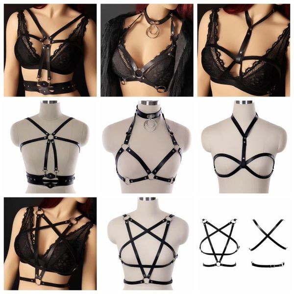 Kemerler Punk Faux Deri Pentagonal Vücut Koşum Lingerie Esaret Göğüs Kafesi Strapy Jartiyer Güzellik Goth Seksi Sutyen Aksesuarları Tops