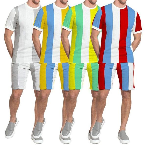 

men's tracksuits 2021 trendy summer short-sleeved trend round neck contrast color t-shirt striped men, Gray