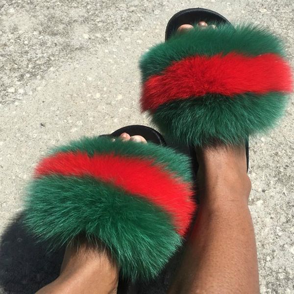 

slippers slides fur women real fluffy raccoon sandals flat indoor female flip flops cute furry woman shoes, Black