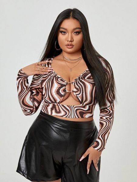 

plus all over print o-ring cut out crop 91c0#, Black