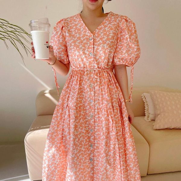 

casual dresses [ewq]2021 summer fashion temperament elegant sweet v-neck floral single-breasted puff sleeve large swing belt dress1 16f1086, Black;gray