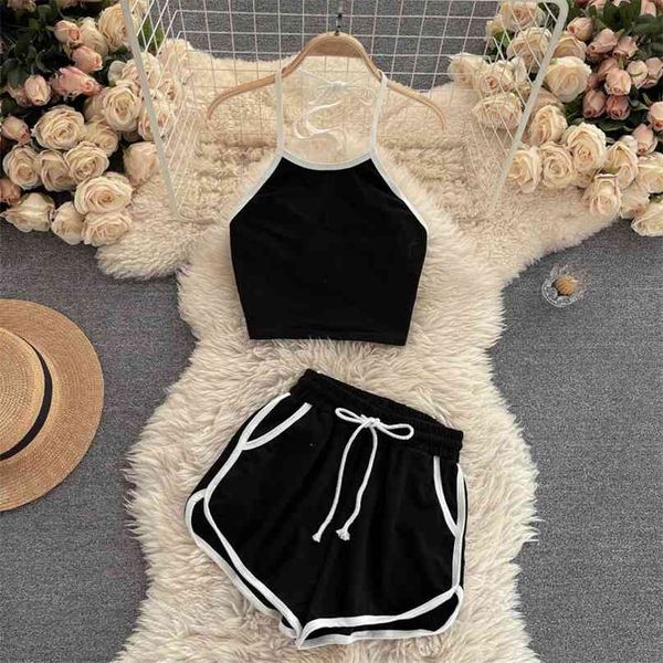 

ins sportswear two piece sets women tracksuit striped print halter neck sleeveless crop elastic drawstring shorts suits 210603, White