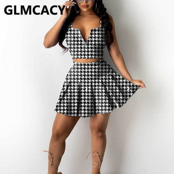 

two piece sweet dress suits houndstooth crop & pleated mini skirt set 210702, White