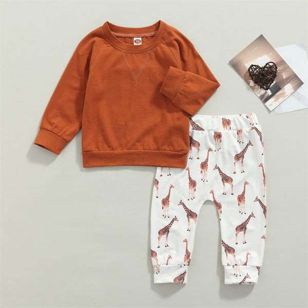 

clothing sets little girls boys outfit spring autumn solid color long sleeve round collar hoodie + fawn printing trousers 2 piece set, White