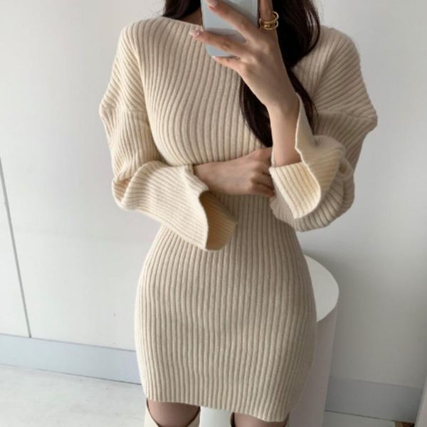 

casual dresses korean style fashion knitting dress women autumn winter high waist long sleeve sheatch bodycon mini sweater robes, Black;gray