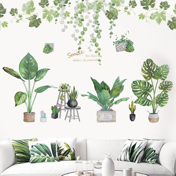 

wall stickers green leaves artificial potted plants bonsai flower diy decal for home decor living room mural art decoration