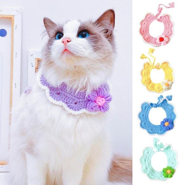 

cat collars & leads collar puff flowers shape decor accessories handmade knitted pet cats dogs bib for holiday