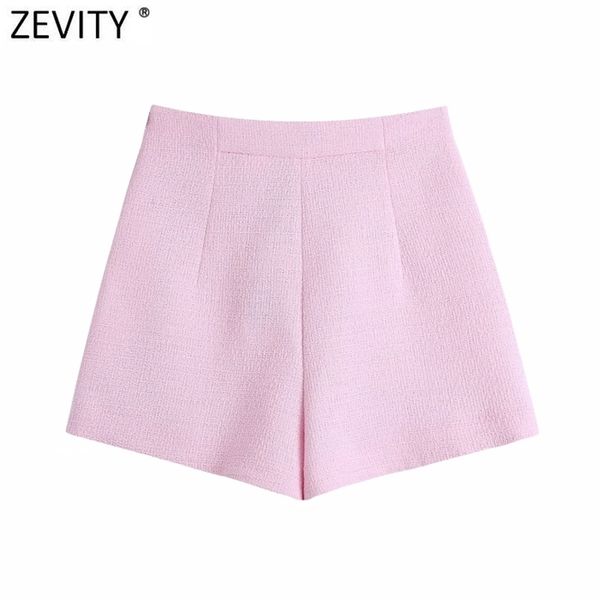 

zevity women fashion button decoration pink tweed woolen shorts femme streetwear chic side zipper pantalone cortos p1019, White;black