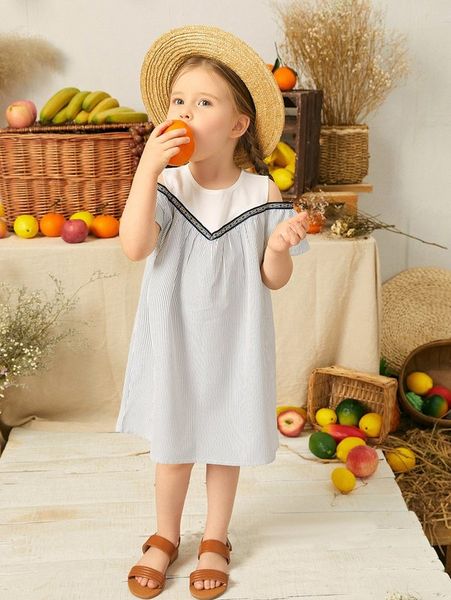 

toddler girls geo embroidery tape cold shoulder striped print dress she, Red;yellow