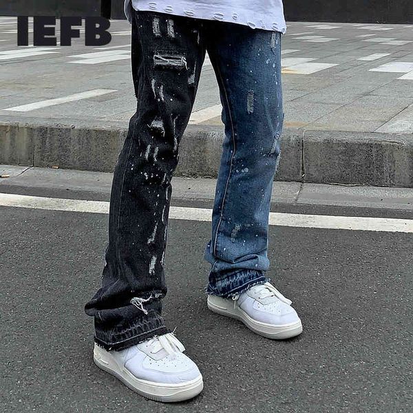 IEFB Цветовая блокировка отверстие промытых высоких уличных джинсов для мужчин прямые потертые повседневные джинсовые штаны хараджуку мешковатые негабаритные брюки Y5231 210524