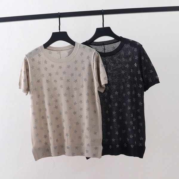 

t shirt french heavy industry shining star whole body drill hollowed out ice silk linen knitted women's loose short sleeve fashion, White