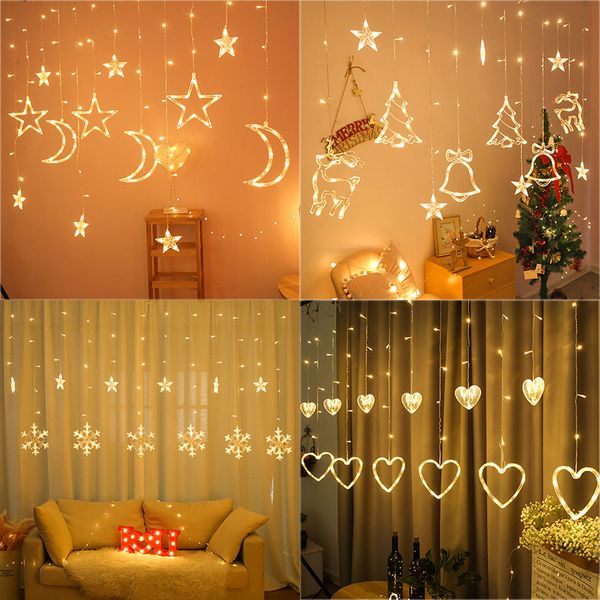 Vorhang-Lichterkette, LED-Hirschglocken, Schneeflocke, Mondform, Girlande, Lichterkette, USB-betriebener Streifen für Zuhause, Weihnachten, Hochzeit, Party, Neujahr, Dekoration