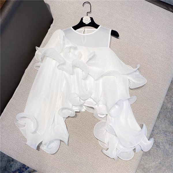 

women's blouses & shirts sweet ladies white chiffon women off shoulder sleeve pleated ruffled cake korean camicia elegant blusal
