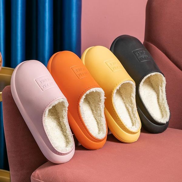 

slippers waterproof non-slip house shoes women winter warm home men couples indoor soft memory foam plush, Black