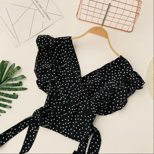 

short sleeve lace up womens shirts dot print v neck ruffles chiffon, White