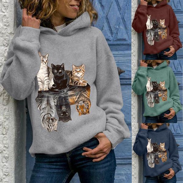 

women hooded animal cat printing sweatshirts long sleeves pullover sweatshirt casual chic stylish female women's blouses & shirts, White