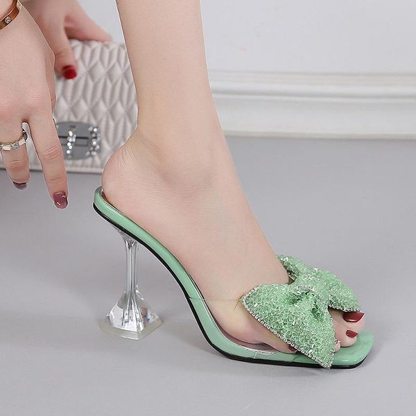 

dress shoes women's rhinestones slippers female summer 2021 fashion fish mouth square high heels sandals glass glue drag stiletto, Black