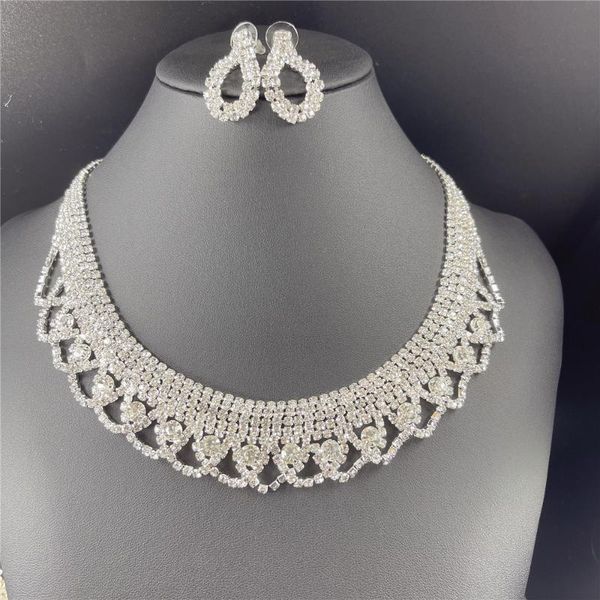 

earrings & necklace simple design round drop rhinestone long pendant full crystal silver plated elegant bridal wedding jewelry