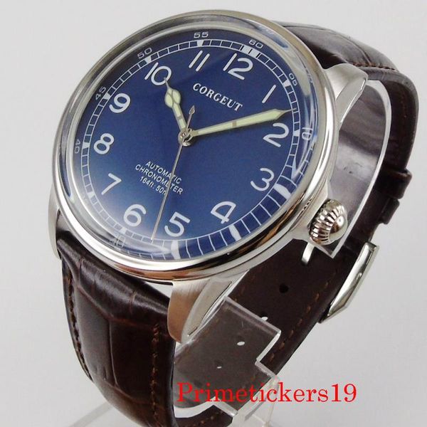 

wristwatches 41mm corgeut automatic men wristwatch blue dial miyota 8215 movement leather strap glass case back, Slivery;brown