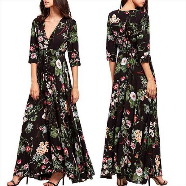 

sales party beach bohemian womens dress vintage flower leaf print v neck big swing maxi, Black;gray