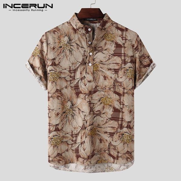 

printed men shirt short sleeve stand collar 2021 blouse streetwear summer breathable casual hawaiian shirts chemise 3xl men's, White;black