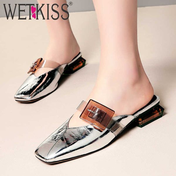 

wetkiss slides shoes women transparent pvc slippers summer strange style shoes female buckle cow leather mules shoes 210630, Black