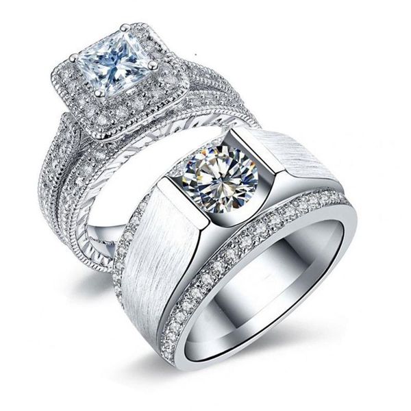 

wedding rings vintage jewelry his and her couple 10kt white gold filled 5a cubic zirconia princess scrub bridal band ring set, Slivery;golden