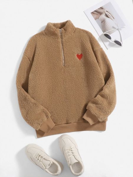 

heart embroidery drop shoulder teddy sweatshirt v0mm#, White;black