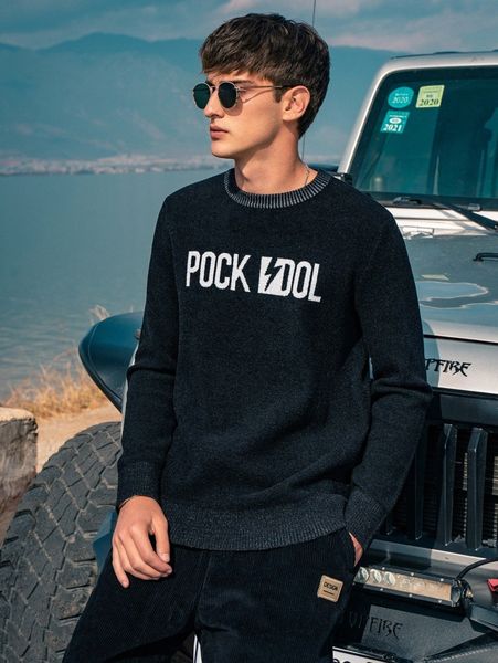 

men letter pattern vertical striped trim sweater l2cb#, White;black