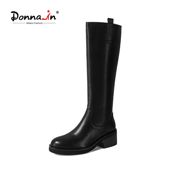 

donna-in 2020 women on knee shoes cow leather winter short plush round toe zipper fashion high tube female riding boots, Black