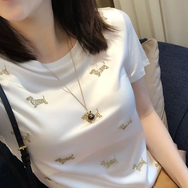 

t shirt mercerized cotton women's white silk short sleeve 2021 summer round neck splicing drilling women