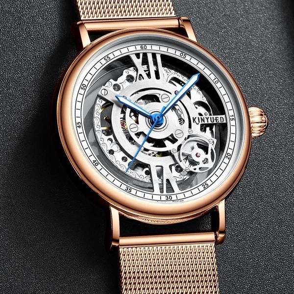 

wristwatches kinyued business watch men auto mechanical mens wataches rose gold skeleton wristwatch hollow horloges mannen, Slivery;brown