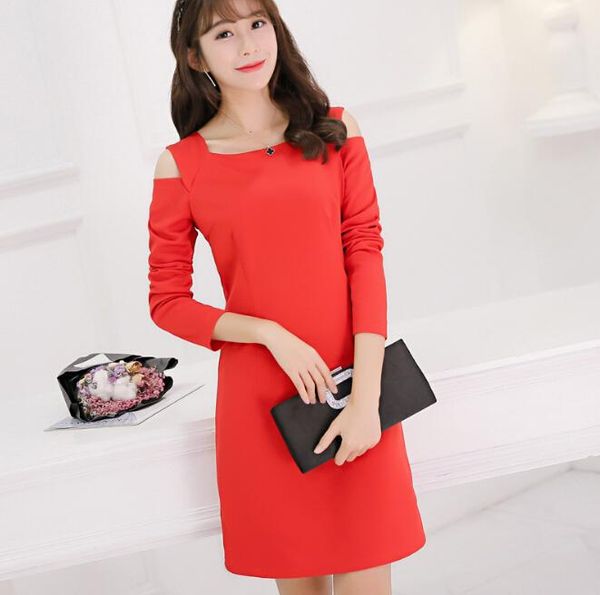 

spring autumn dress women clothing patchwork bodycon show thin dew shoulder long sleeve cute black red casual dresses, Black;gray