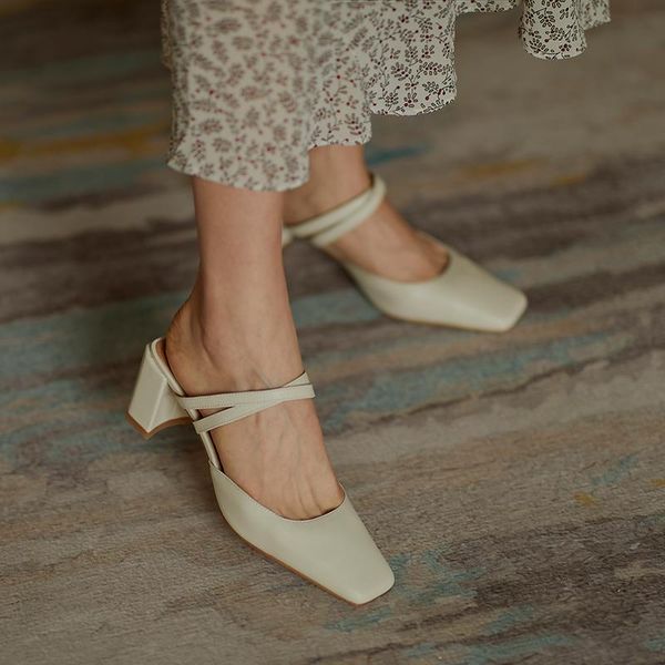 

women slippers square toe spring summer pumps ladies shoes genuine leather thick high heels mules nigh club woman, Black