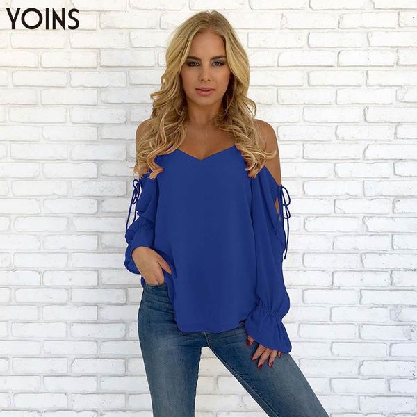 

jacket yoins women blue spaghetti straps cold shoulder flare sleeve casual loose fit curved hem lace-up v-neck chiffon blouses, Black;brown