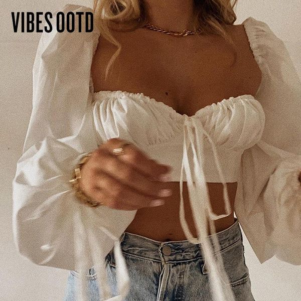 

women's blouses & shirts vibesootd elegant white balloon sleeve and blouse spring 2021 backless crop solid fashion blusas