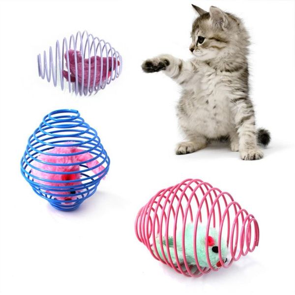 

cat toys 1pc interactive toy pet fake mouse spring cage feather play dog random color supplies