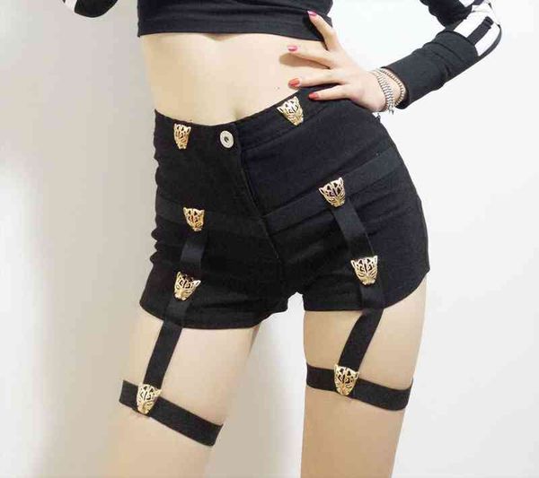 

Punk Rock Sexy High Waist Shorts Women Metal Leopard Button Decoration High Elastic Band Hollow Out Pop Fashion Short, White;black