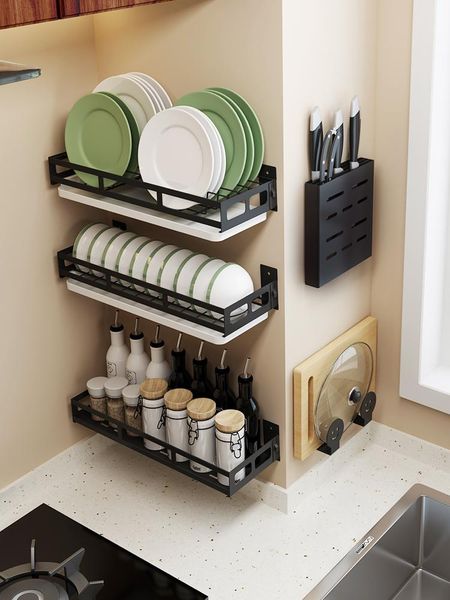 

tableware storage box kitchen rack wall-mounted drain multifunctional bowl dish knife seasoning shelf & organization