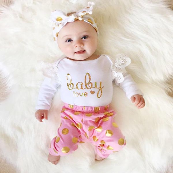 

clothing sets 2pcs baby girls clothes lace long sleeve love bodysuit+golden dot pants toddler infant set, White