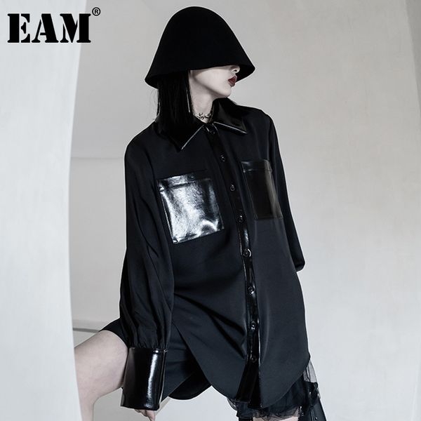 

[eam] women black pu leather pocket big size blouse lapel long sleeve loose fit shirt fashion spring autumn 1dd5944 21512, White