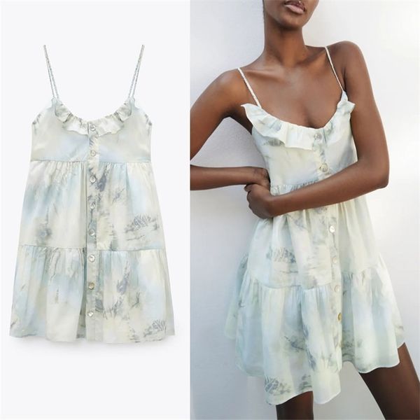 

vintage strappy tie dye summer dress women sleeveless spaghetti straps backless party es ruffle pleat 210524, Black;gray