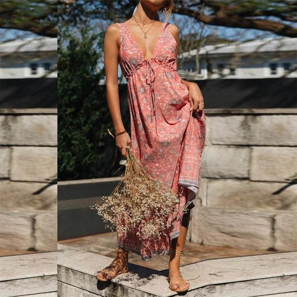 

casual dresses onelinefox women beach long dress a-line deep v neck backless high waist pink boho summer, Black;gray