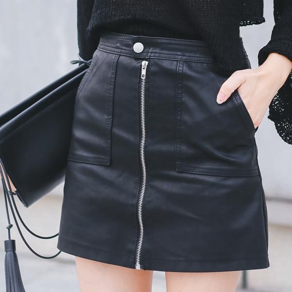 

skirts 2021 autumn winter women skirt pu leather mini with pockets zipper package hip high waist clothing, Black