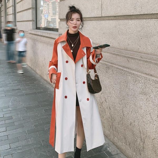 

women's trench coats [ewq] korea color matching coat women autumn 2021 laple loose lace up waist double breasted long sleeve windbreake, Tan;black