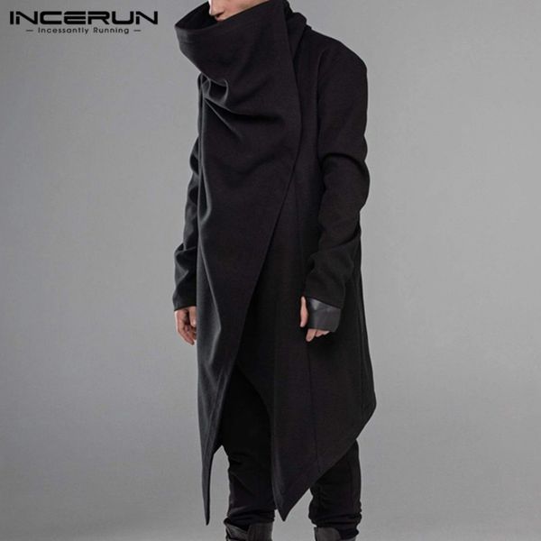 

incerun cloak coats streetwear turtleneck solid long sve fashion men cape outerwear punk style irregular ets s-5xl, Black;brown